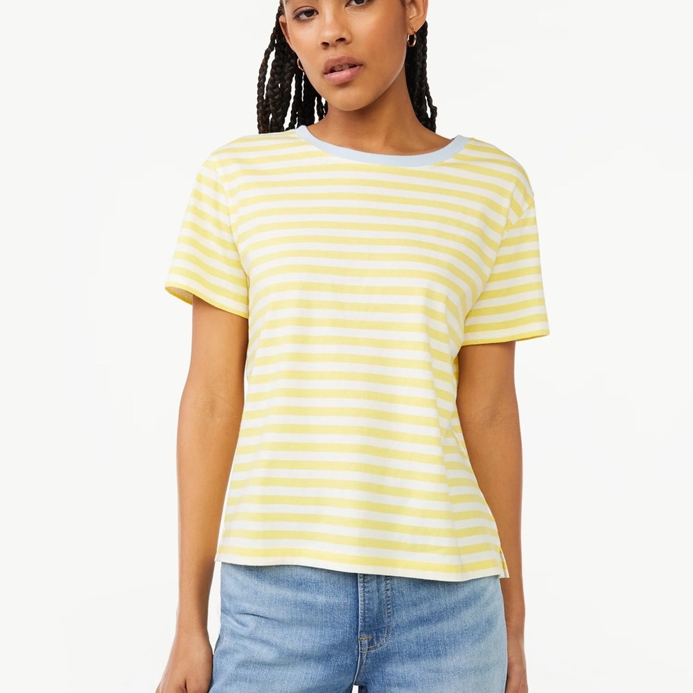 Free Assembly Women's Yellow Striped Crop Box Tee with Short Sleeves XXL
